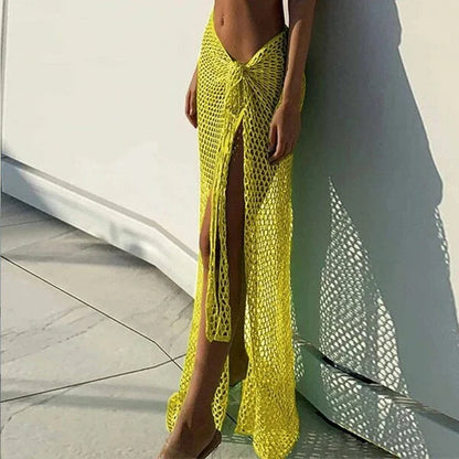BWQ New Arrival Women Knitting Crochet Hollow Out Cover Up Solid Color Beach Dress Sexy Wrap Skirt Binding Rope Beach Wear