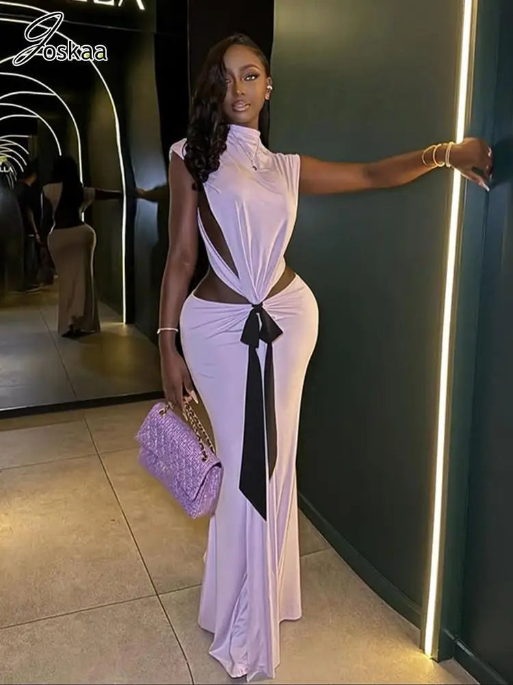 Joskaa 2025 Women's Bowknot Cutout Maxi Mermaid Dresses Sexy O-Neck Sleeveless Backless Bodycon Party Dress Evening Clubwear