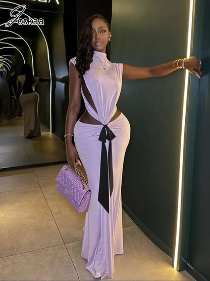 Joskaa 2025 Women's Bowknot Cutout Maxi Mermaid Dresses Sexy O-Neck Sleeveless Backless Bodycon Party Dress Evening Clubwear