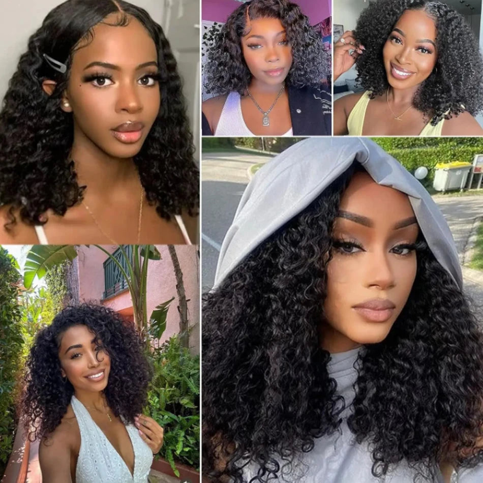 Glueless 8 to 16 Inch Kinky Curly Bob 100% Human Hair Wig Wear And Go Pre Plucked Lace Frontal Wigs For Women Perruque Raw Haïr