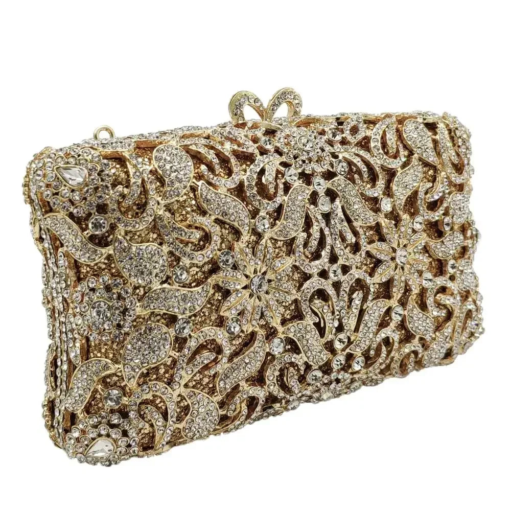 Boutique De FGG Handmade Flower Evening Bags and Clutches, Gold Rhinestone Clutch Purses and Handbags, Wedding Bridal CLutch Bag.