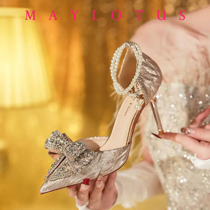 2025 Summer Fashion Pointed Toe Sandals Women's Rhinestone Pearl Butterfly Gold Silver High Heels Party Wedding Plus Size Shoes