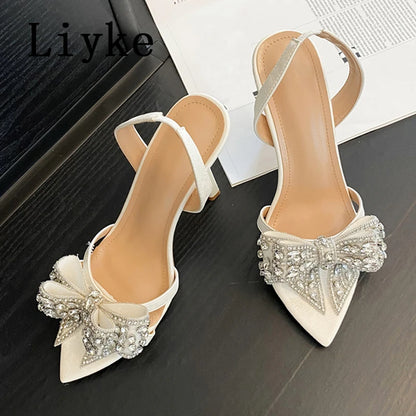 Liyke Sexy Slingback Sandals Women Summer Fashion Rhinestone Bowknot Designer High Heels Wedding Party Prom Shoes Zapatos Mujer