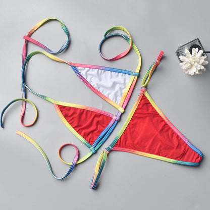 Women Bikini Sexy Three Point MultiColor Thin Straps Lace Up See Through Bikini Top + Panties Brazilian Biquinis