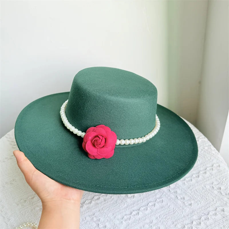 French Black Big Brim Top Hat Women Elegant Retro Style Flat-top Fedora Hat British Pearl Floral Wide Brim Hat Photography