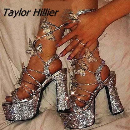 Platform Crystal Chunky Heels Sandals With Bow Cross-Strap Bling Elegant Glitter Silver Sandals Women Summer Butterfly Shoes