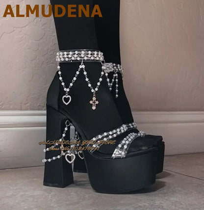 ALMUDENA Black Satin Fabric Strange Block heel Sandals Pink Velvet Pearl Chain Platform Chunky Heels Wedding Pumps Jewelry