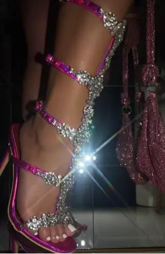 Hot Pink Black Leather Bling Crystal Rhinestone Gladiator Hollow High Heel Summer Sandals Women Banquet Bride Wedding Shoes Lady