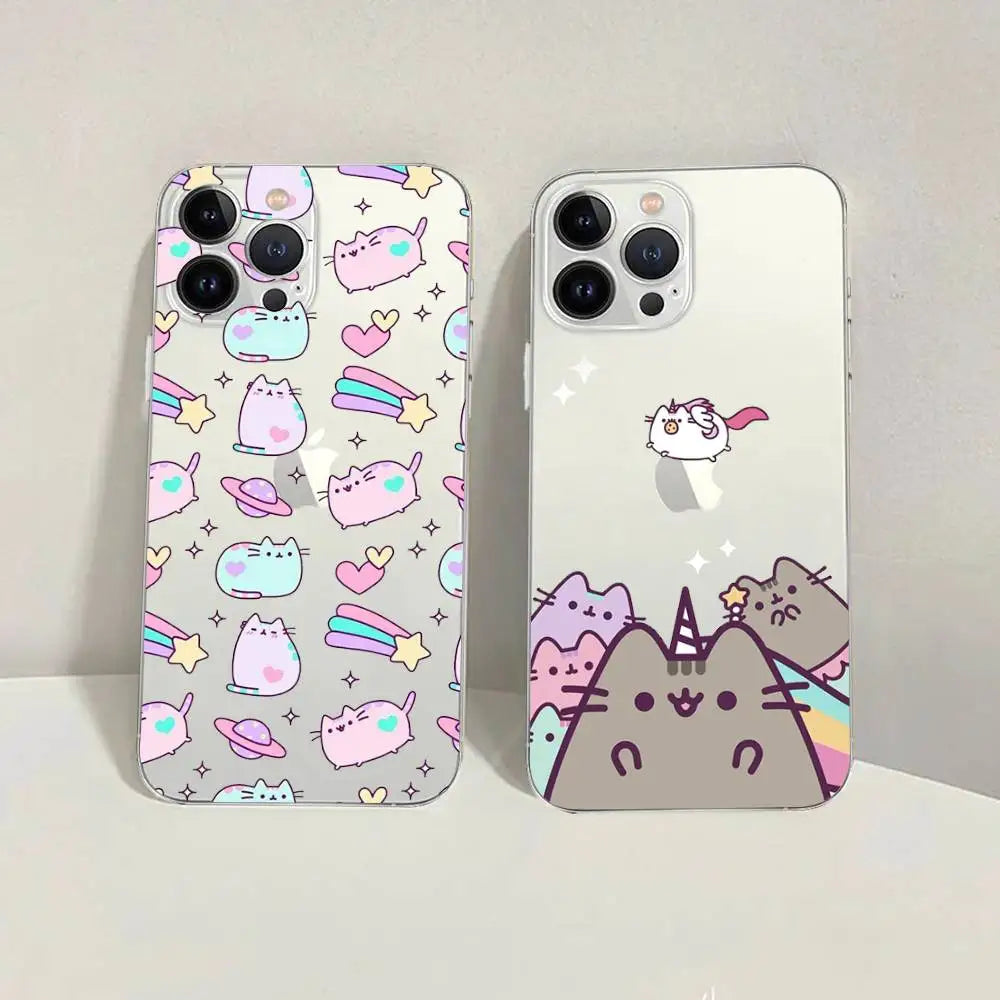 Cute Cartoon Cat P-Pusheens Phone Case Transparent For IPhone 16 15 11 13pro Max 14Plus X Xr Xs Max 12mini - Clear Cover