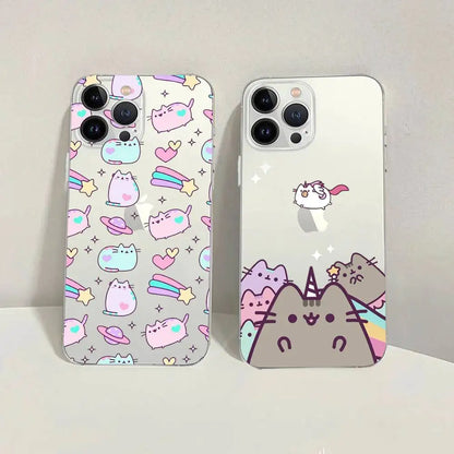 Cute Cartoon Cat P-Pusheens Phone Case Transparent For IPhone 16 15 11 13pro Max 14Plus X Xr Xs Max 12mini - Clear Cover