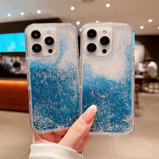 Blue Dynamic Sand Bright Quicksand for iPhone 16 15 14 Case Cover 16 Pro Max Carcasa Women Glitter Phone Shell Hard Coque Fundas