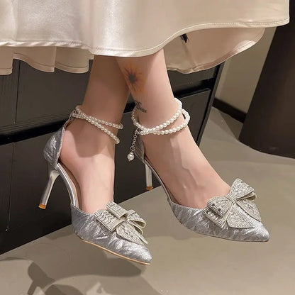 Temperament Bow High Heels Women Summer New Pointed Toe Shallow Mouth Rhinestone Bow Beaded Non-slip Stiletto Sandals
