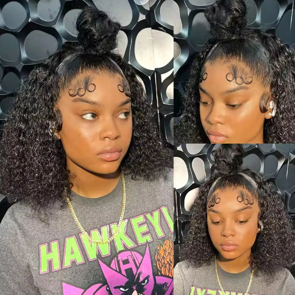 Glueless 8 to 16 Inch Kinky Curly Bob 100% Human Hair Wig Wear And Go Pre Plucked Lace Frontal Wigs For Women Perruque Raw Haïr