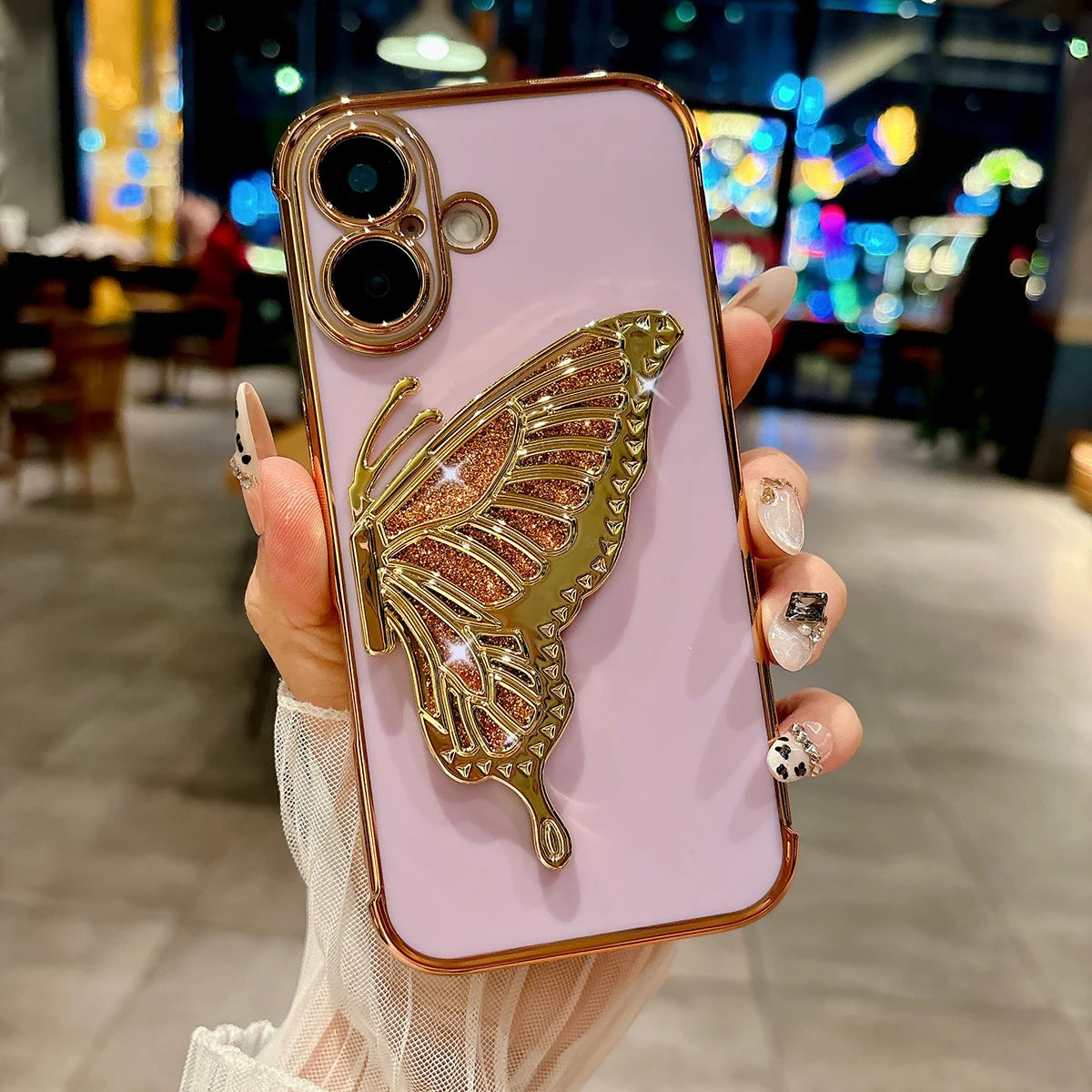 Glitter Butterfly Holder Phone Case for IPhone 7 8 16 15 14 Plus Pro MAx 12 13 Mini Side Pattern Drop Resistant PC Plating Case