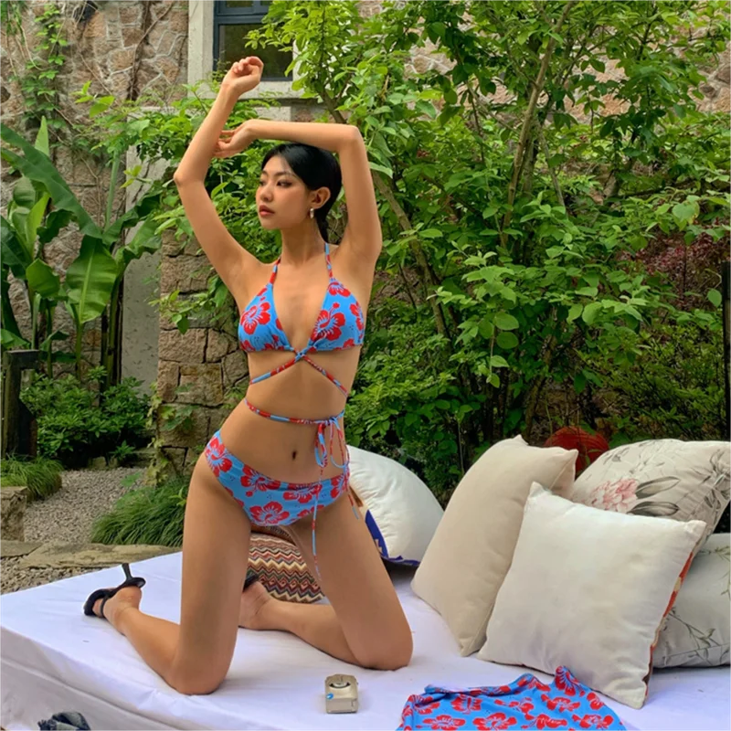 Sexy 3 Sets Bikini Women Floral Print Blue Swimwear With Skirt Strips Biquini Mini Micro Swimsuit Bathing Suit Korea Pad Jersey