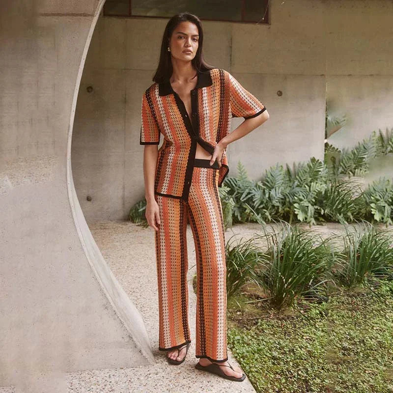 Casual Stripe Knitted Shirt Pants Set Women Hallow Out Half Sleeve Lapel Top Straight High Waist Trousers Fashion Beach Set