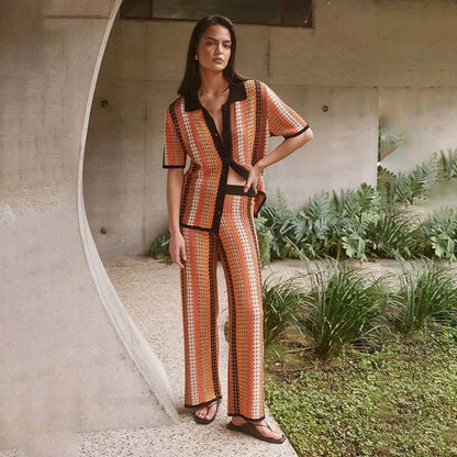 Casual Stripe Knitted Shirt Pants Set Women Hallow Out Half Sleeve Lapel Top Straight High Waist Trousers Fashion Beach Set