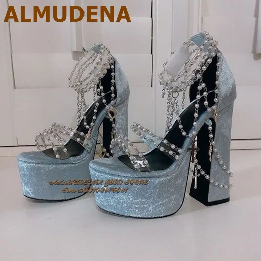 ALMUDENA Black Satin Fabric Strange Block heel Sandals Pink Velvet Pearl Chain Platform Chunky Heels Wedding Pumps Jewelry