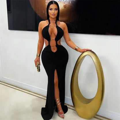 Sexy Halter Backless Mermaid Evening Dresses Woman Nightclub Prom Celebrity Metal Ring Bandage High Split Party Long Dress Robes