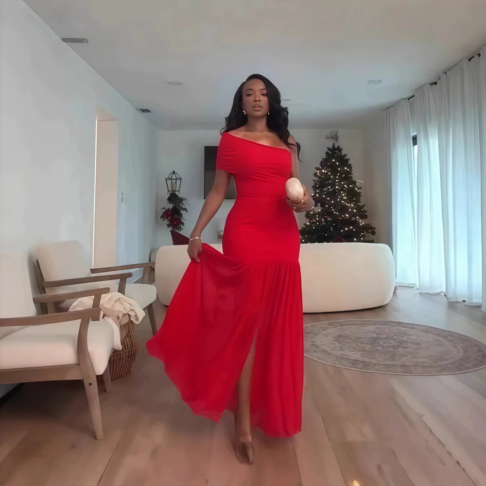 Stylish Evening Sexy Club Party Holiday Maxi Dress for Women Elegant Skew Neck One Sleeve Off Shoulder Mesh Slit Long Dresses