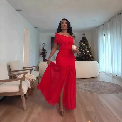 Stylish Evening Sexy Club Party Holiday Maxi Dress for Women Elegant Skew Neck One Sleeve Off Shoulder Mesh Slit Long Dresses