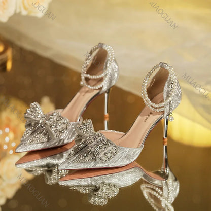 Spring Summer Fashion Pointed Toe Sandals Women's Rhinestone Pearl Butterfly Gold Silver High Heels Party Wedding Heeled Shoes