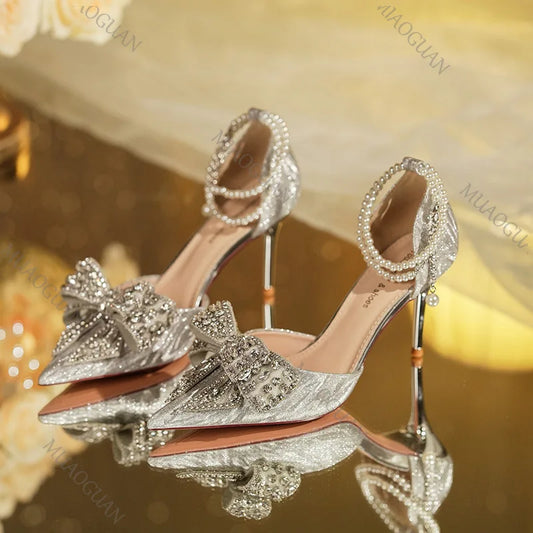 Spring Summer Fashion Pointed Toe Sandals Women's Rhinestone Pearl Butterfly Gold Silver High Heels Party Wedding Heeled Shoes