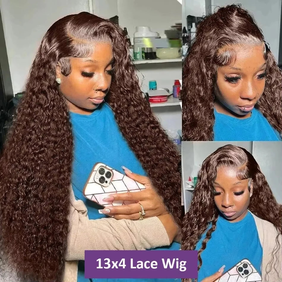 13X4 Chocolate Brown Curly Lace Front Wigs Colored 100% Human Hair Wigs Pre Plucked Deep Wave 13X6 Hd Lace Frontal Brazilian Wig