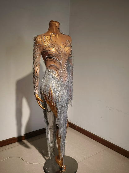 Sparkly Rhinestone Sequins Tassel Sexy Mesh See Through Dress Women Evening Birthday Party Nightclub Dance Singer Stage Outfit