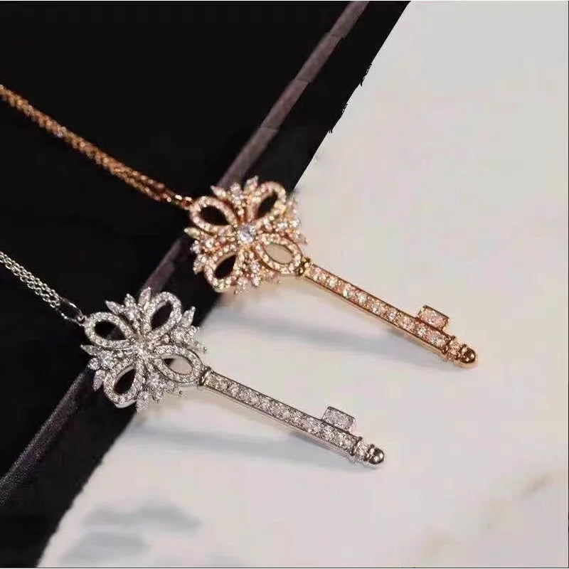 Golden Snowflake Key Pendant Necklace Female Hollow Clover Diamond Set Chain Sweater Chain