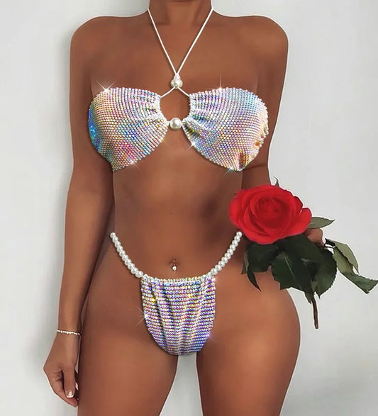 Sparkling Rhinestone Triangle Bikini Set Sexy Pearl Diamond Mesh Swimsuit Hollow Out Halter Bandage Women Swimwear Bathing Suit