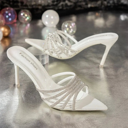 Shiny Crystal High Heels Sandals for Women 2025 Fashion Summer PU Leather Thin Heeled Shoes Woman Elegant Pointed Toe Party Shoe