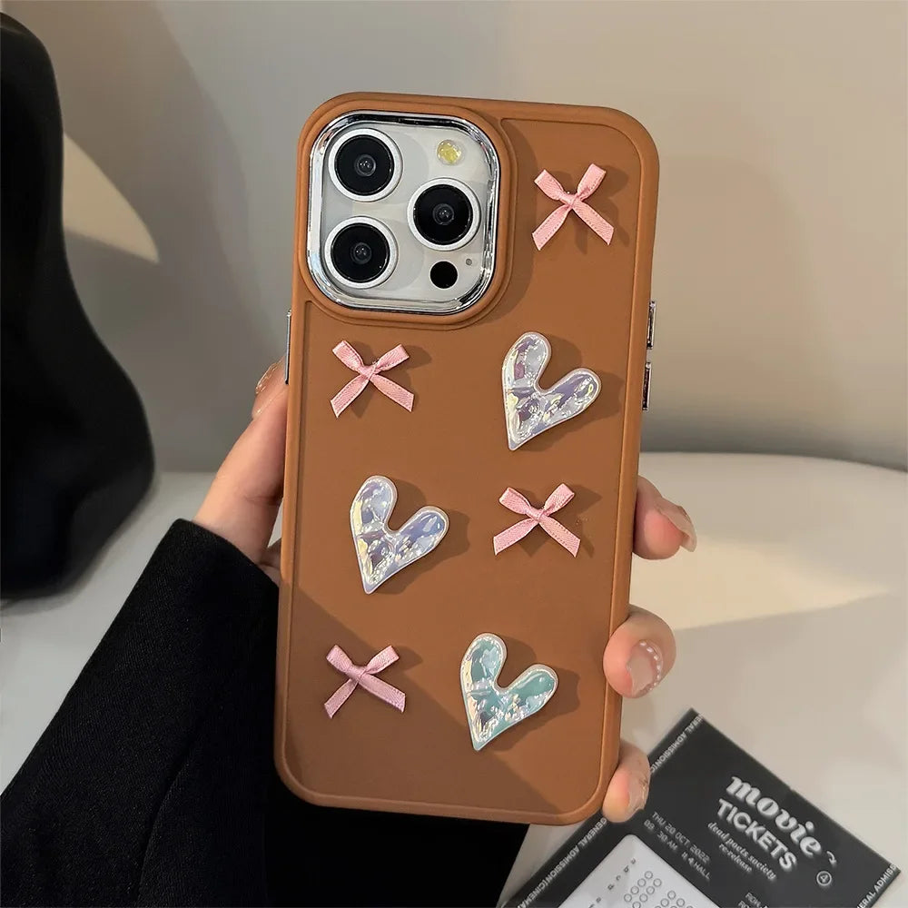 3D Pink Love Heart Bow Phone Case for IPhone17 16 15 14 12 13 11 Pro ProMax Mini Plus X XR Shockproof Phone Cover