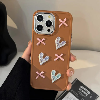 3D Pink Love Heart Bow Phone Case for IPhone17 16 15 14 12 13 11 Pro ProMax Mini Plus X XR Shockproof Phone Cover