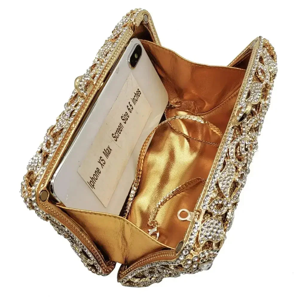 Boutique De FGG Handmade Flower Evening Bags and Clutches, Gold Rhinestone Clutch Purses and Handbags, Wedding Bridal CLutch Bag.