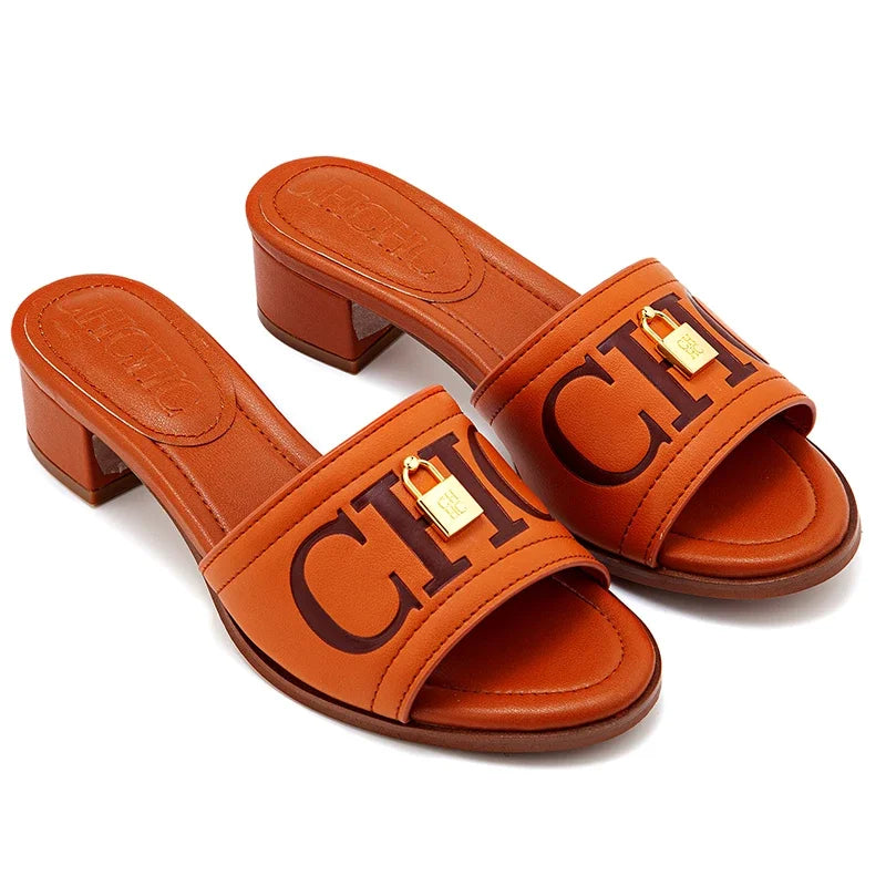 CH Fashion Monogram Print Elegant Design Women's Low Heeled Slippers Solid Color High Quality Metal Lock Simple Single Shoes.