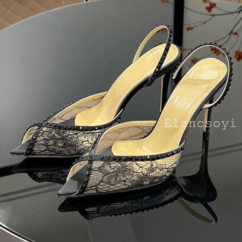 Summer Pointed Toe High Heels Sandals Women Shiny Rhinestone Mesh Back Strap Stiletto Sandalias Sexy Party Banquet Shoes
