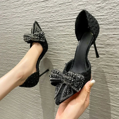 Luxury Pearl Crystal Bowtie White Wedding Shoes Women Spring Brand Designer High Heels Pumps Woman Thin Heeled Party Shoes