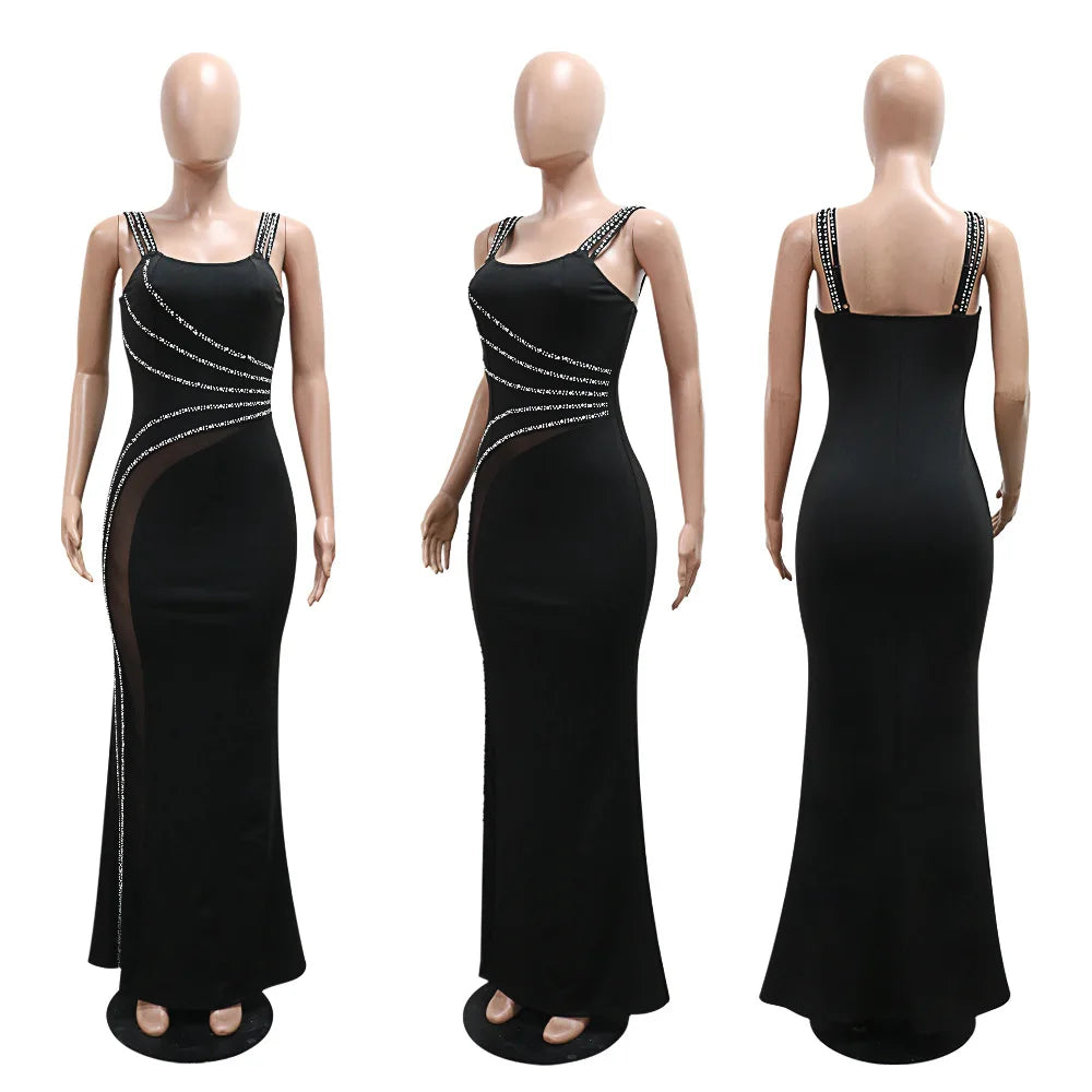 CM.YAYA Women Diamond Strapless Sleeveless Bodycon Long Maxi Dress Summer Streetwear Sexy Vestidos Night Party Evening Dresses