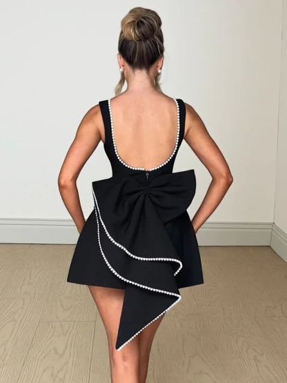 Elegant Pearl Bow Backless Sexy Mini Dress Women's Luxury Party Short Dresses White Black Pink Birthday Evening Wedding P4ZQ