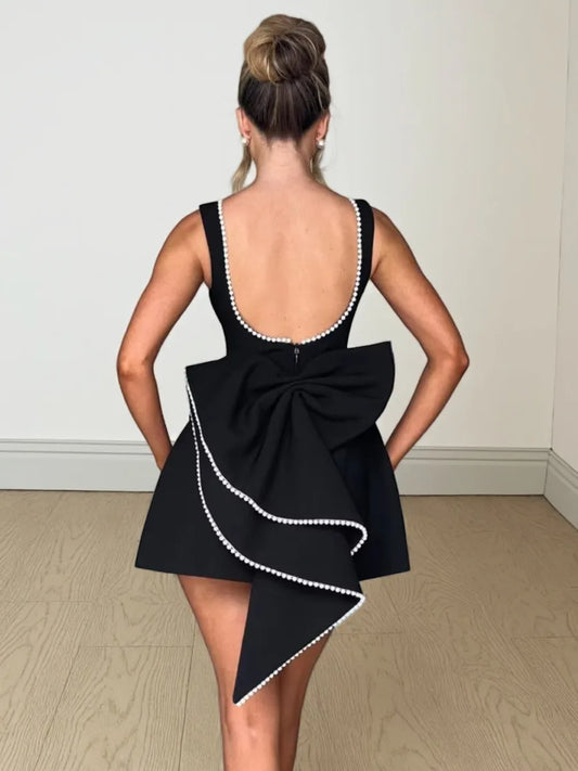 Elegant Pearl Bow Backless Sexy Mini Dress Women's Luxury Party Short Dresses White Black Pink Birthday Evening Wedding P4ZQ