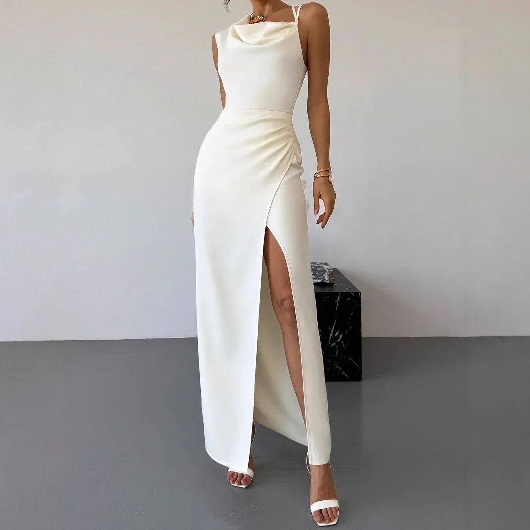 Sexy Slit Backless Midi Dress Elegant Simple Party Net Color Shoulder Baring Dress Cross-Border 2025 Fashion Slimming Dress