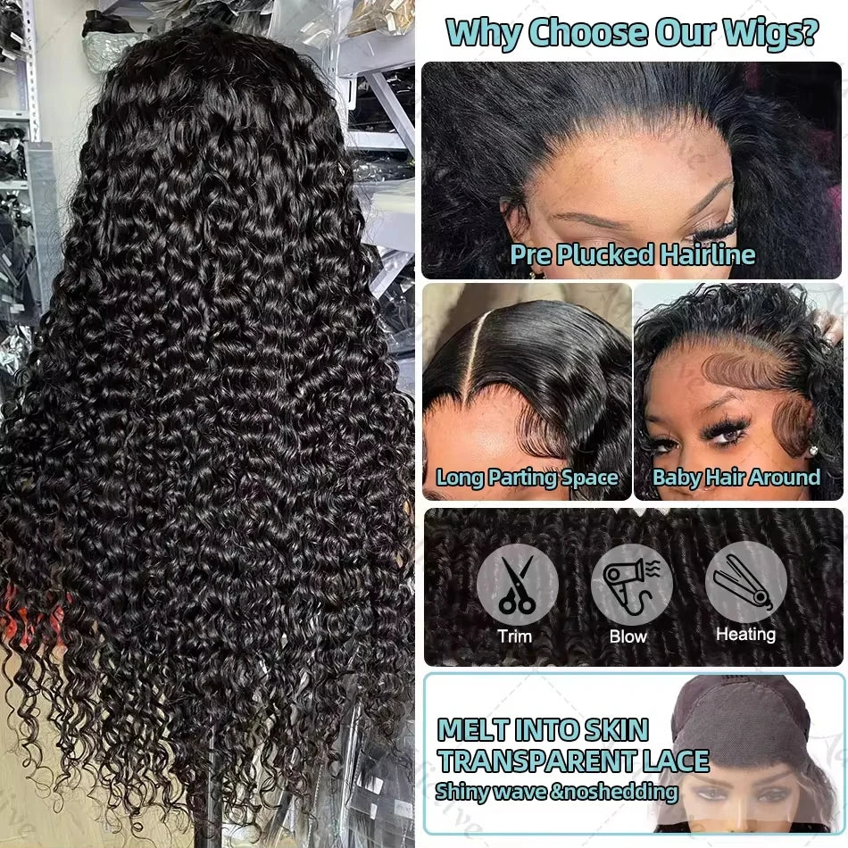 Luvin 40 Inch Deep Wave 13x6 HD Transparent Lace Frontal Human Hair Wigs 220 Density Remy 13x4 Water Curly Front Wig For Women