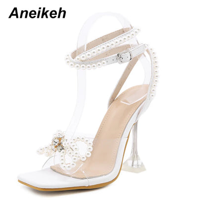 Aneikeh 2025 Summer White String Bead High Heels Wedding Shoes Butterfly-Knot Narrow Band Thin Heels  Square Toe Party Sandals