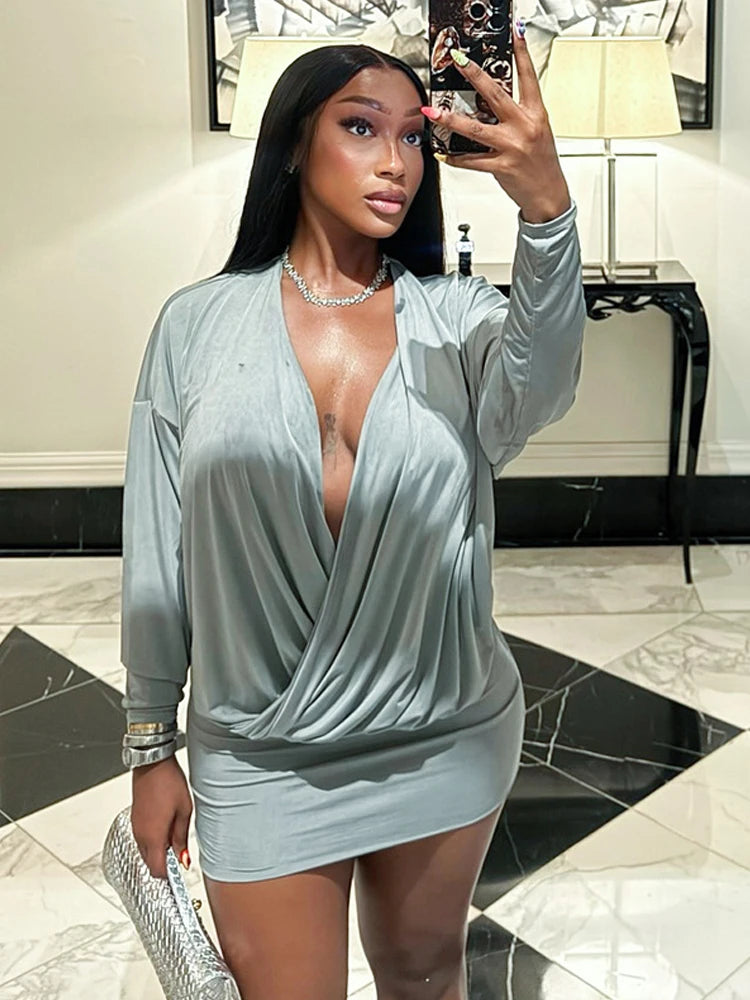 Beyprern Casual Womens Long Sleeve Draped Front Slim Short Dress Vacation Outfits Chic Ruched Night Out Vestidos Clubwear Robes