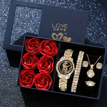 Fashionable and luxurious diamond-studded ladies' watches with five pieces of jewelry for a chic and stylish look.