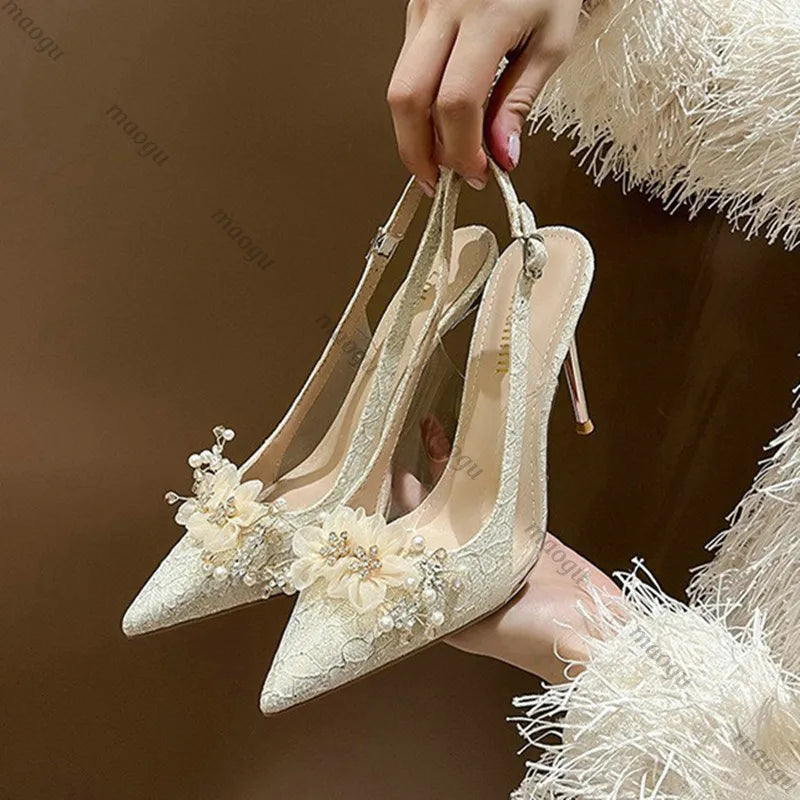 French Bride Gold Wedding Shoes for women Thin Heel Pointed Shallow Mouth Flower Rhinodrill High Heels Bao Head Fashion Sandals