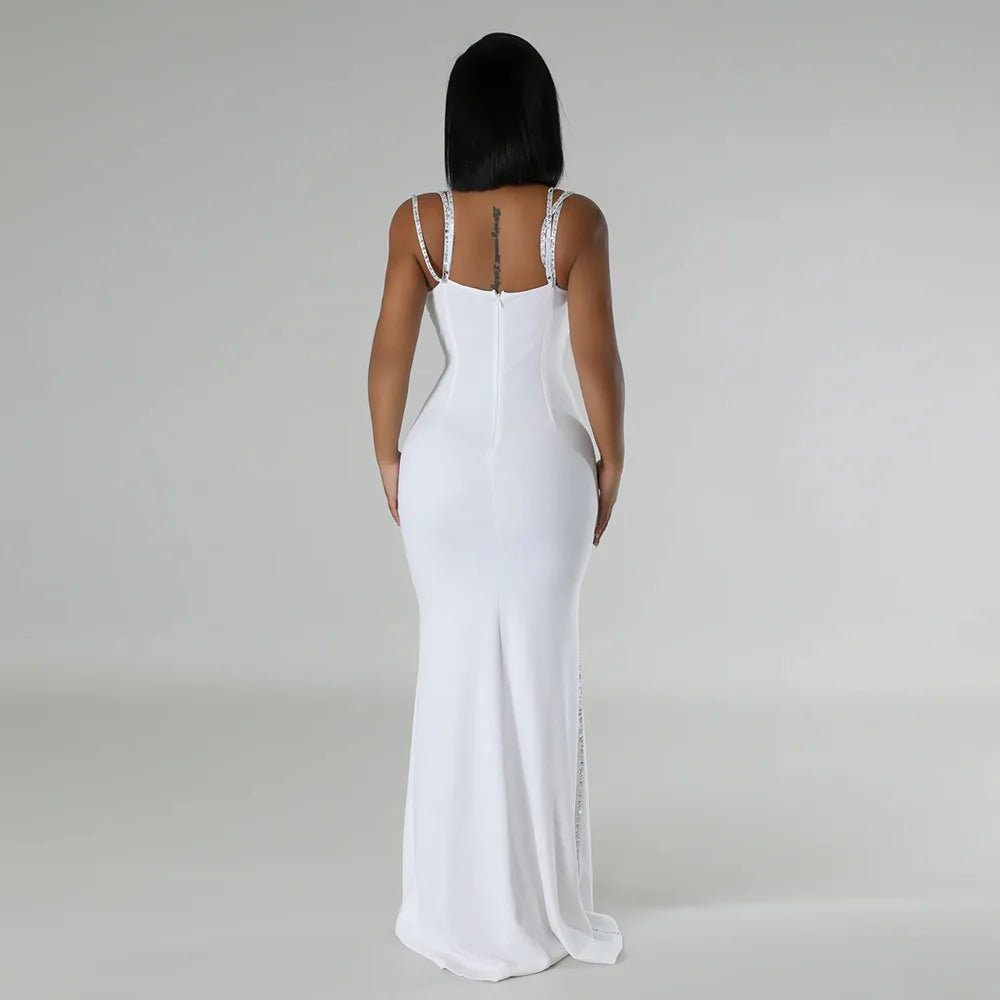 CM.YAYA Women Diamond Strapless Sleeveless Bodycon Long Maxi Dress Summer Streetwear Sexy Vestidos Night Party Evening Dresses