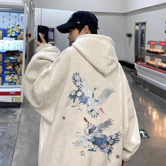 Autumn New Anime Crane Printed Pullover Hoodies For Men Hip Hop Fashion Graphic Hooded Sweatshirts Aesthetic Y2K Hoodie Clothes