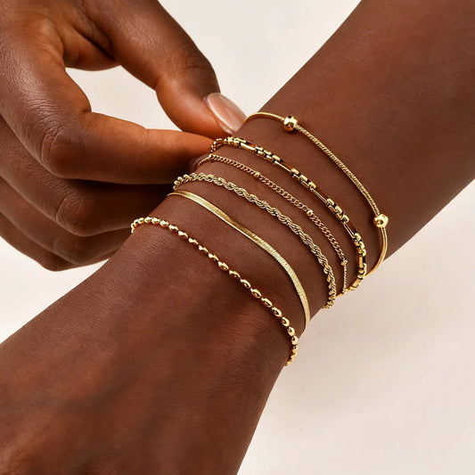 18K Real Gold Plated Bracelet Stackable for Women, Dainty Satellite Link Chain Bracelets Adjustable Minimalist Jewelry